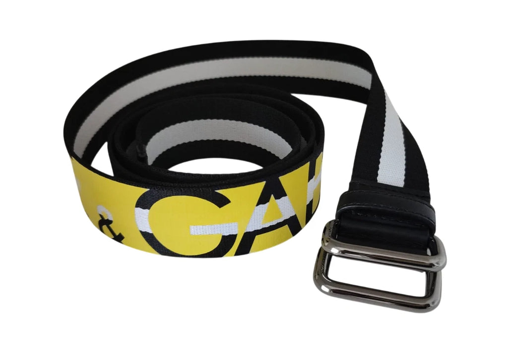 Ceinture à boucle en métal rayée, noire et jaune, avec logo.