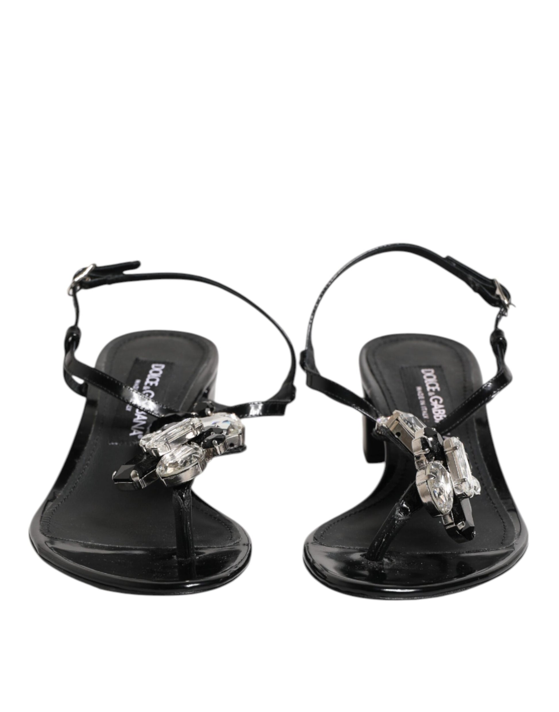 Black Leather Crystal Ankle Strap Sandals Shoes