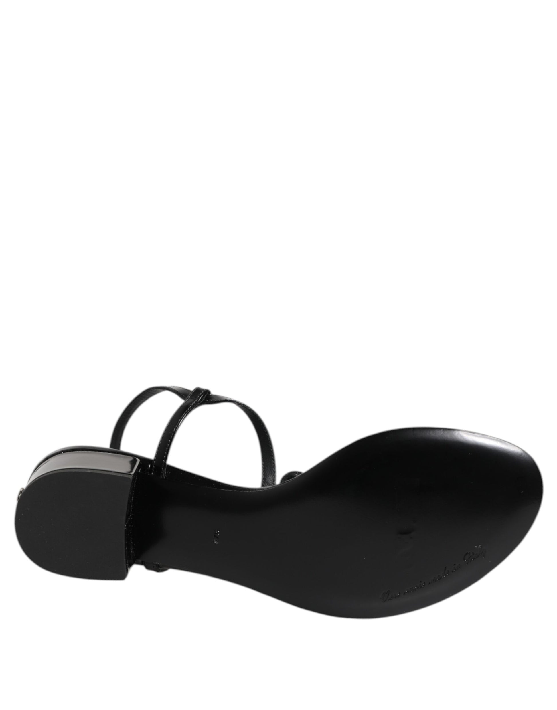 Black Leather Crystal Ankle Strap Sandals Shoes