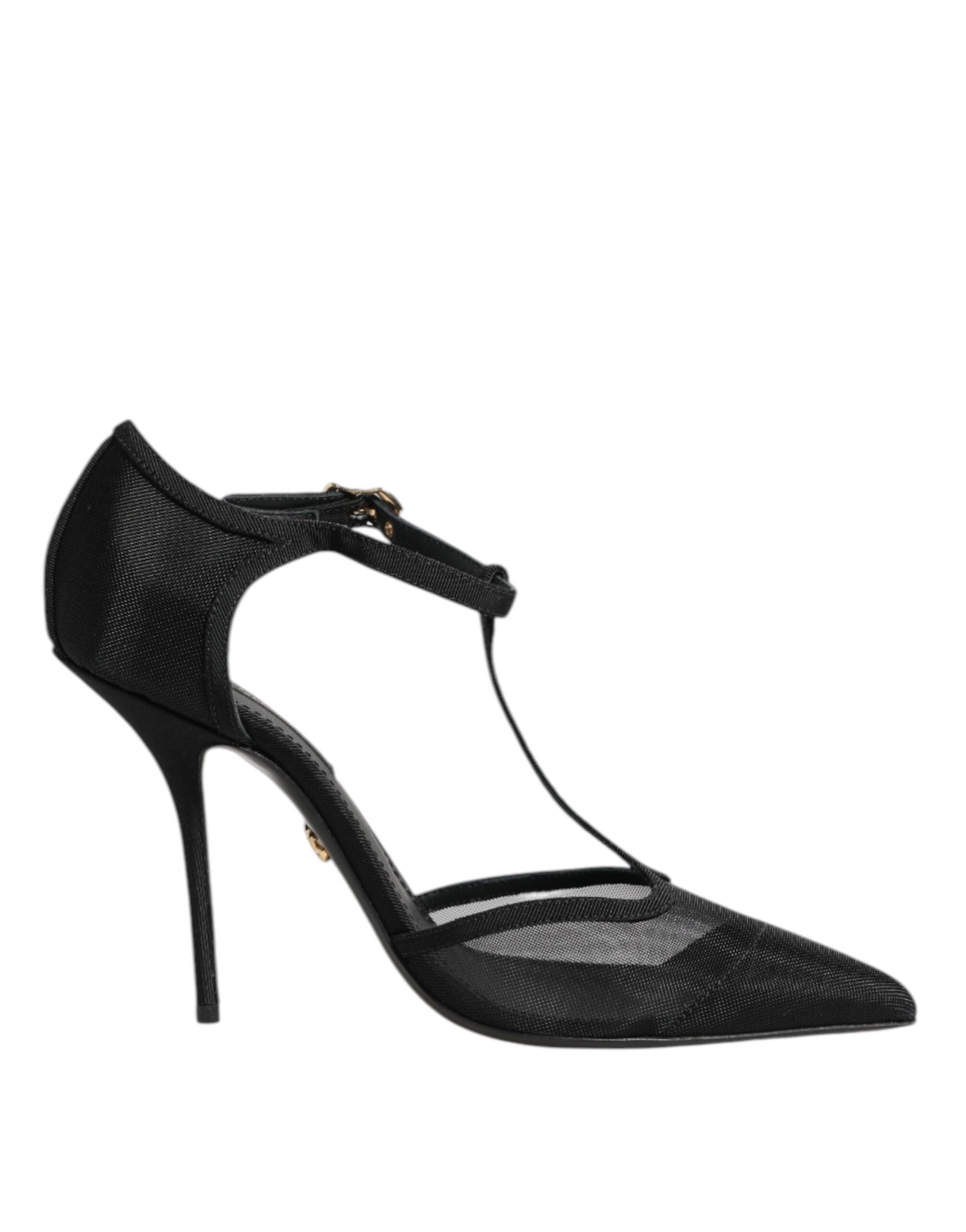 Black Mesh T-strap Stiletto High Heels Shoes