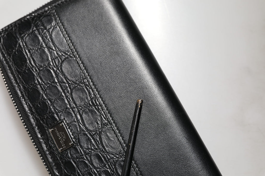 Black Leather DG Plaque Zip Around Continental Wallet