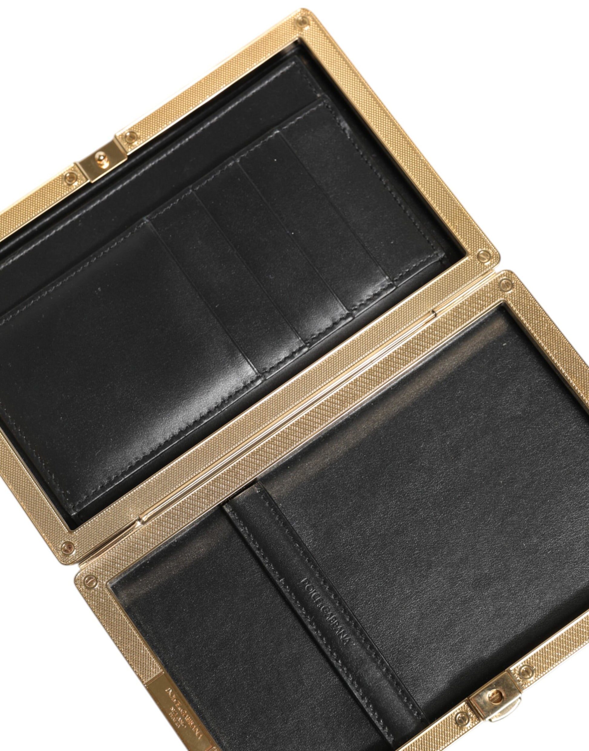 Black Leather Gold Frame Clutch Evening Party Purse Bag