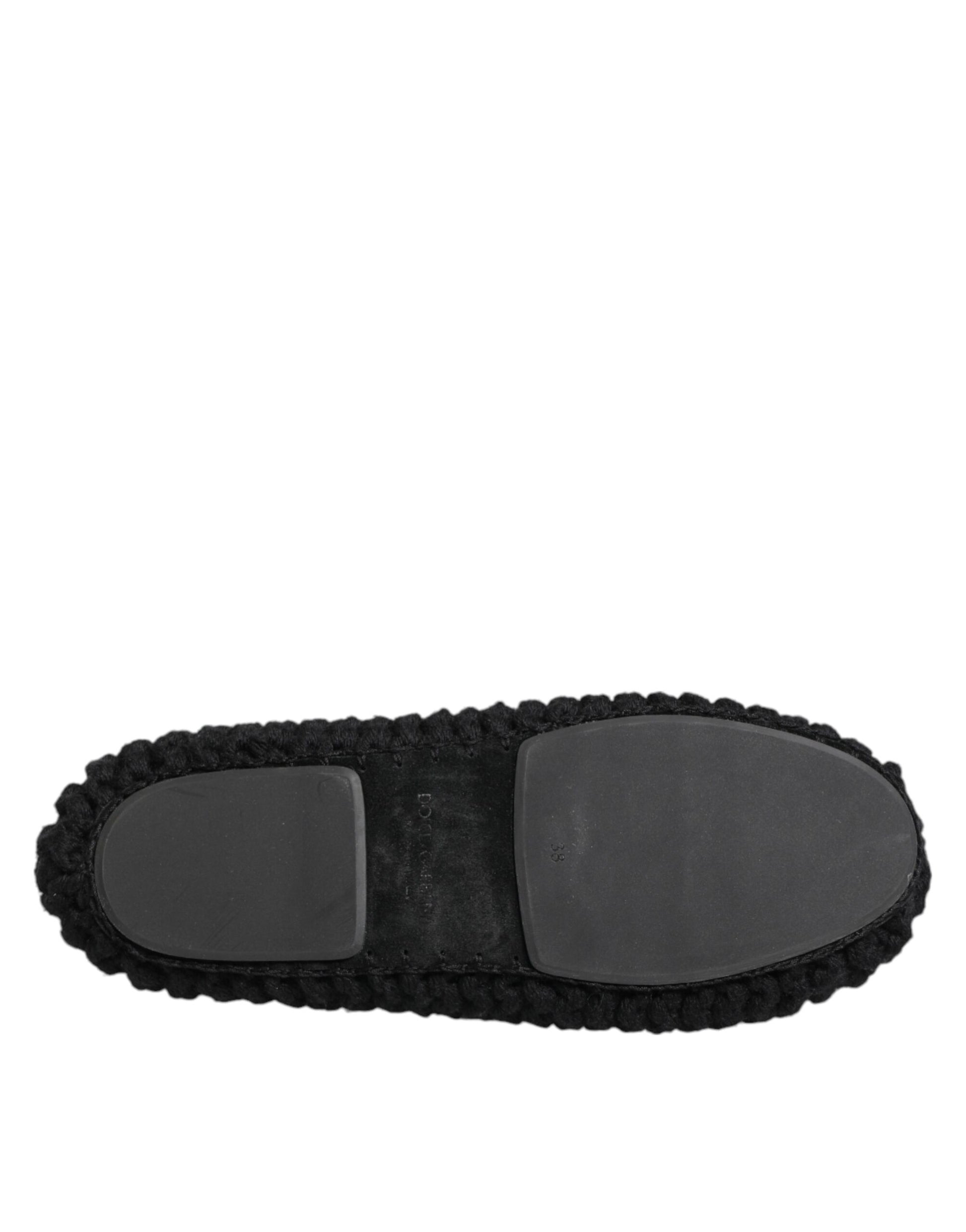 Black Wool Knit Slip On Ballerina Flats Shoes