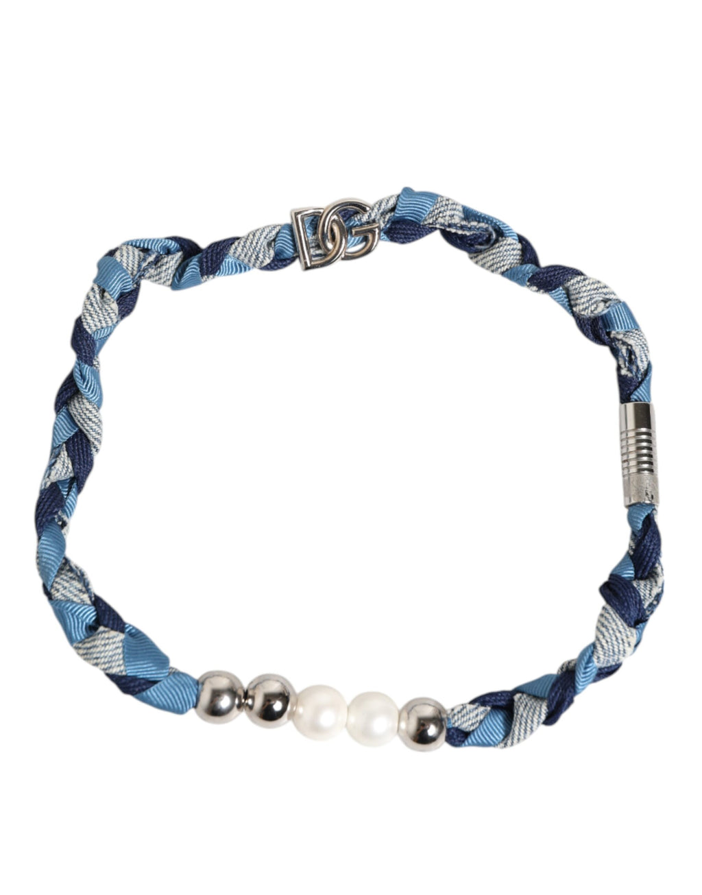 Blue White Braided Silver Metal Logo Beaded Men Bracelet