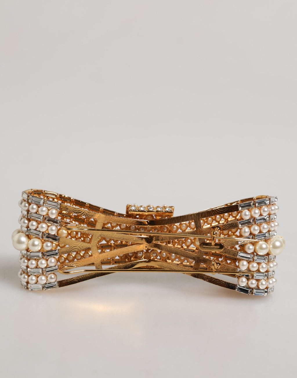 Gold Tone Brass Bow Crystal Faux Pearl Embellished Brooch