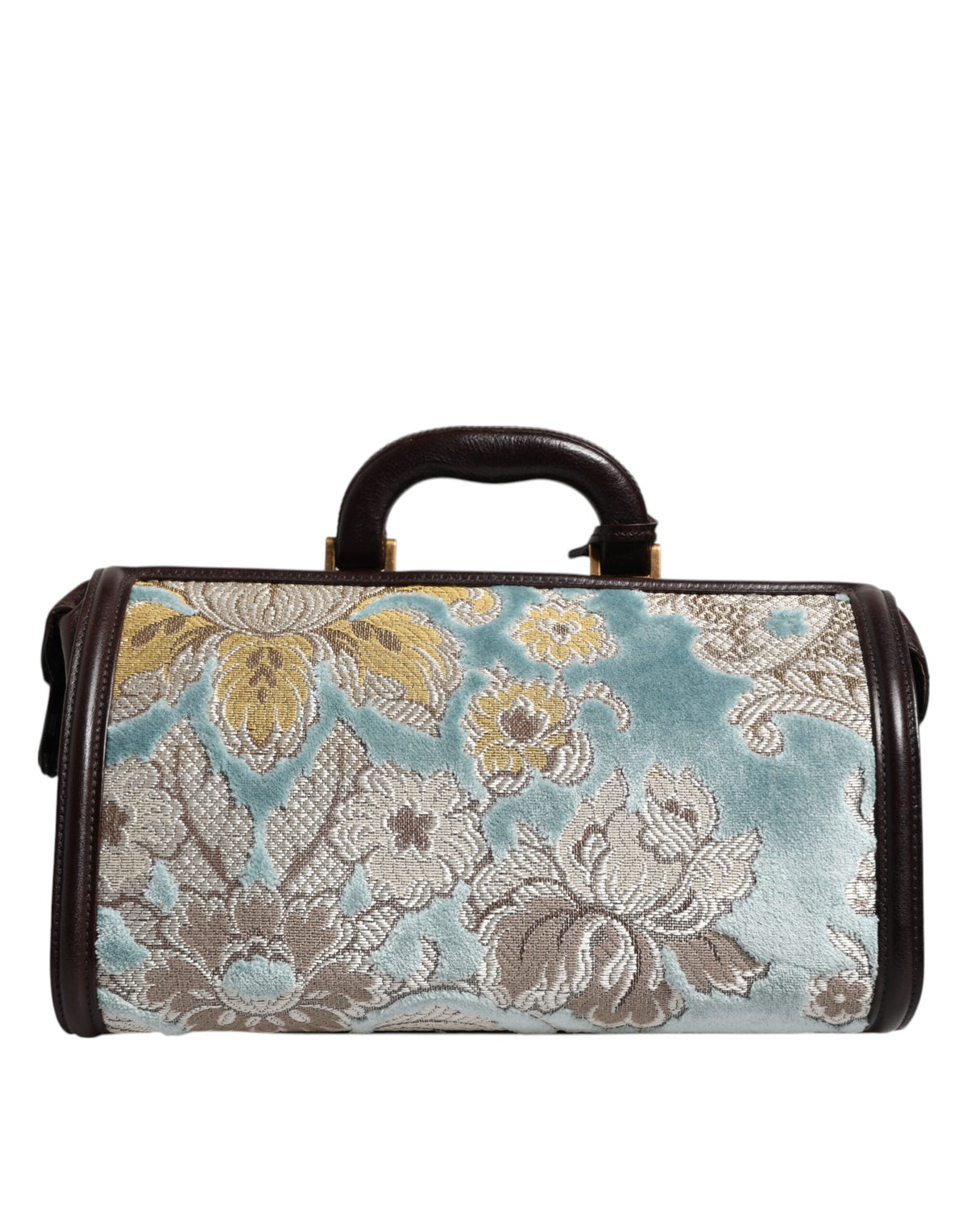 Blue Brown Leather Floral Jacquard Travel Handbag Bag