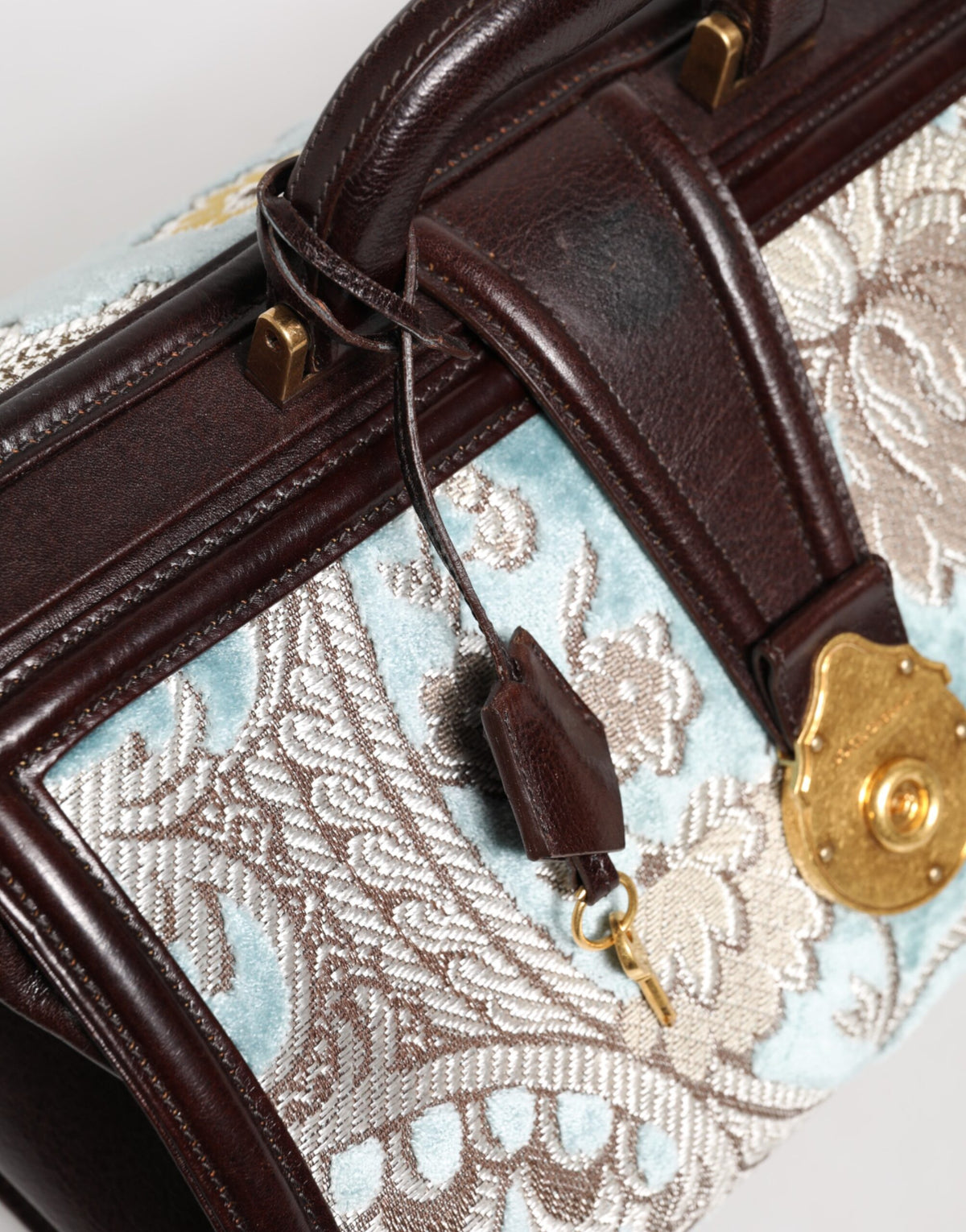 Blue Brown Leather Floral Jacquard Travel Handbag Bag