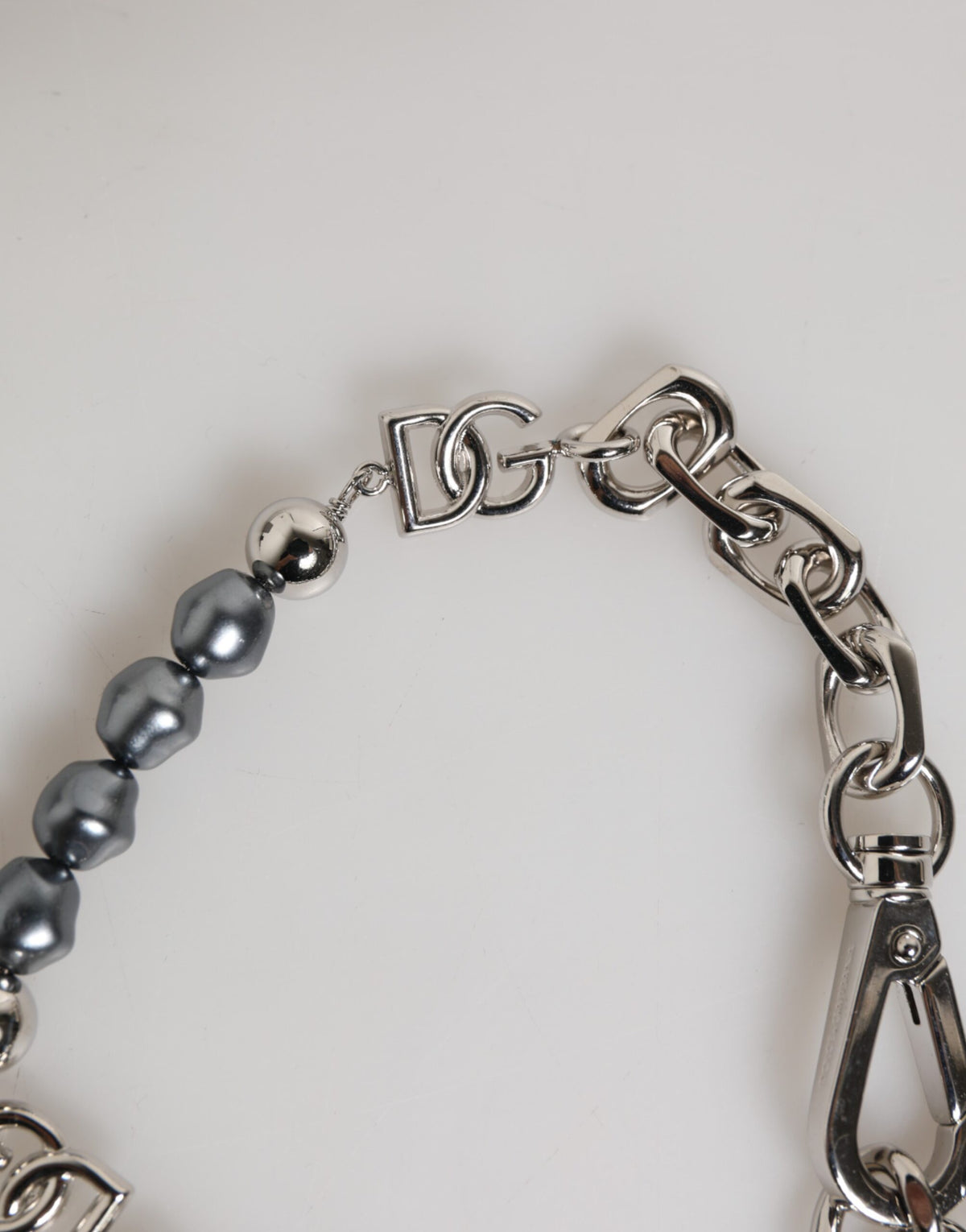 Silver Tone Chain Lobster Clasp Logo Gray Pearls Bracelet