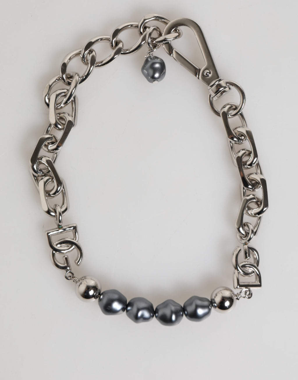 Silver Tone Chain Lobster Clasp Logo Gray Pearls Bracelet