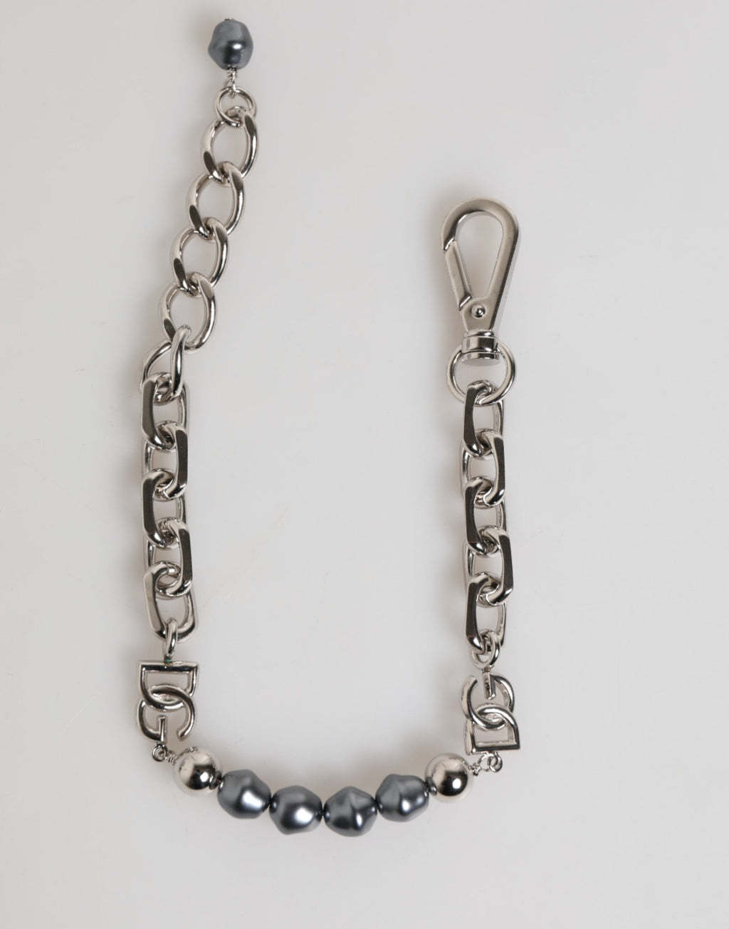 Silver Tone Chain Lobster Clasp Logo Gray Pearls Bracelet