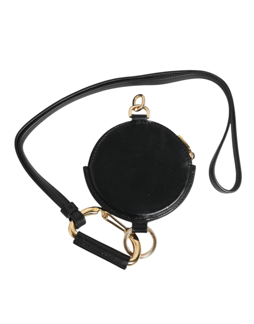 Black Round Leather DG Logo Coin Purse Lanyard Wallet