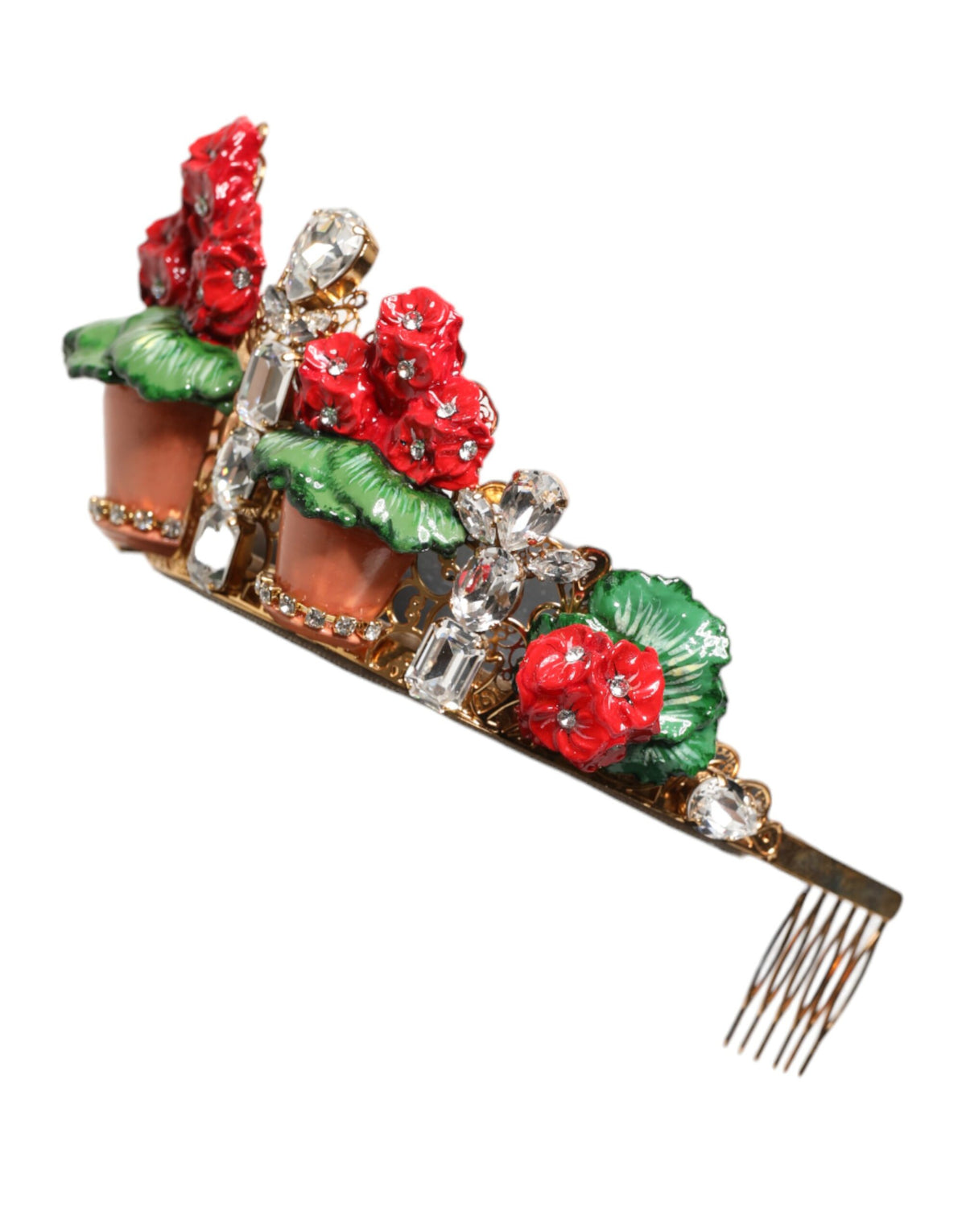 Red Floral Flowerpot Crystal Gold Crown Tiara Headband