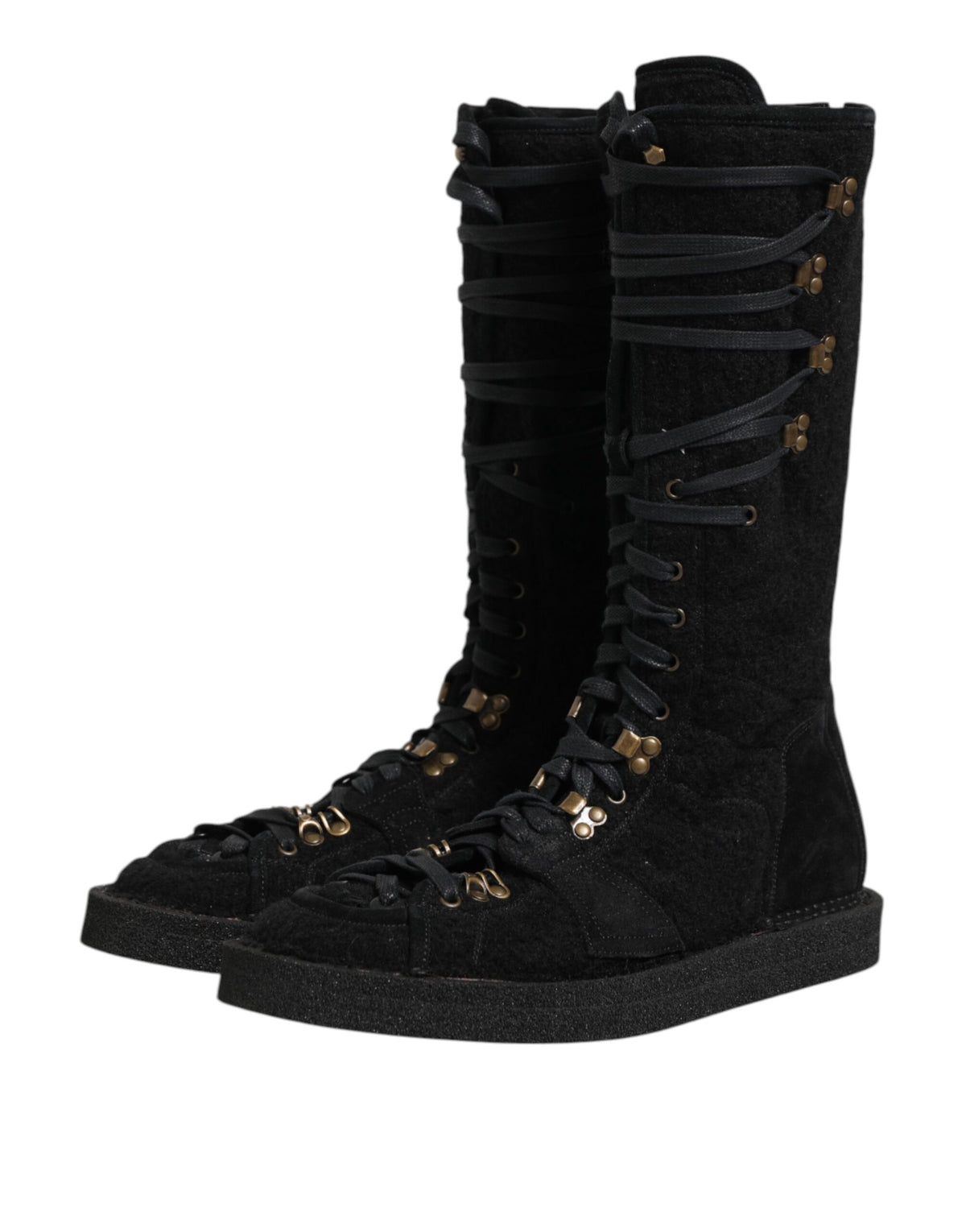 Black Alpaca Wool Suede Mid Calf Boots Shoes