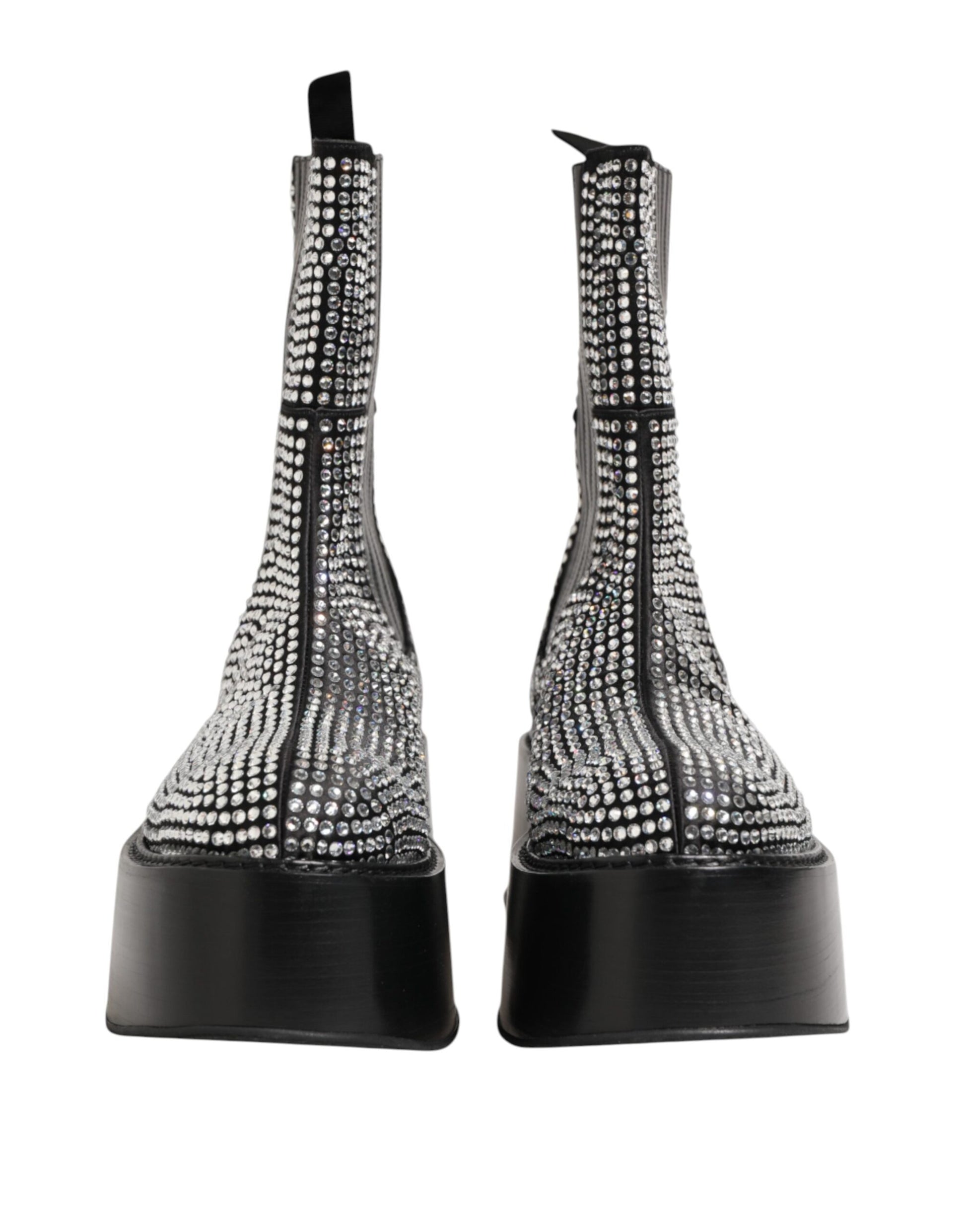 Black Crystal Strass Mid Calf Short Boots  Shoes