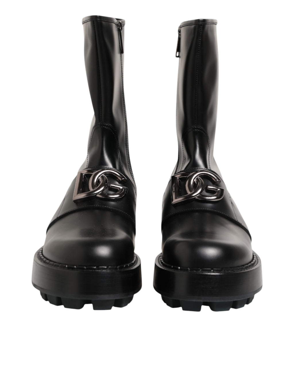 Black Logo Plaque Mid Calf Biker Boots Shoes