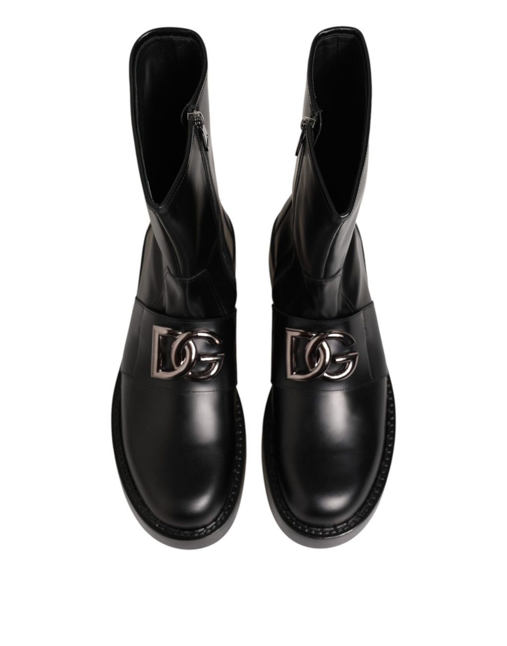 Black Logo Plaque Mid Calf Biker Boots Shoes