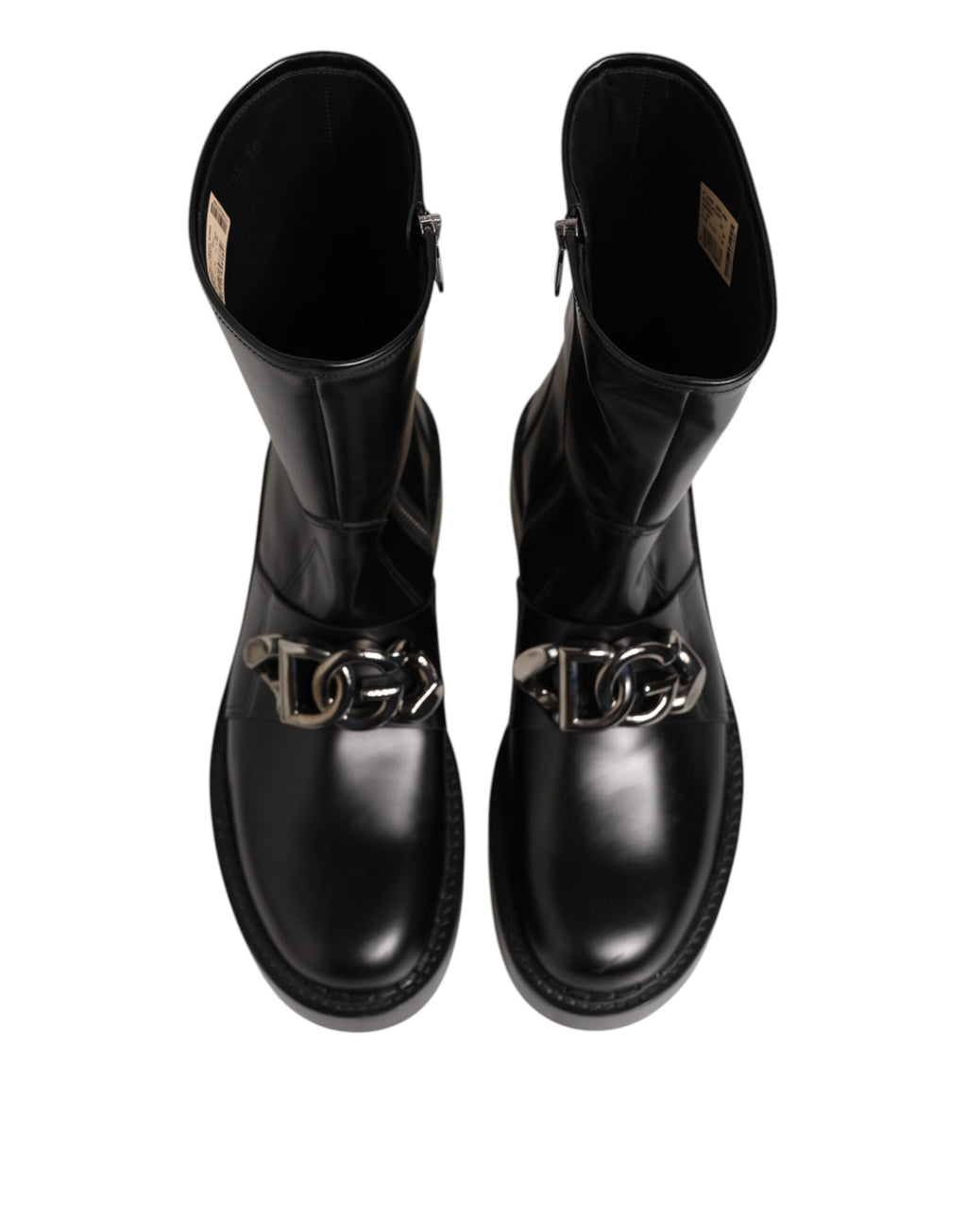 Black Logo Plaque Mid Calf Biker Boots Shoes