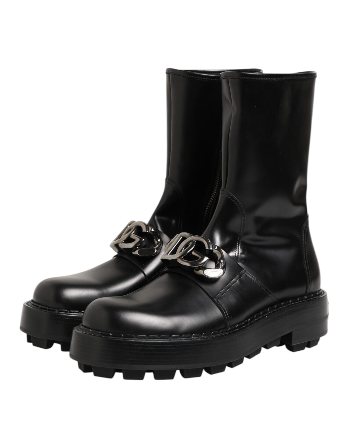 Black Logo Plaque Mid Calf Biker Boots Shoes