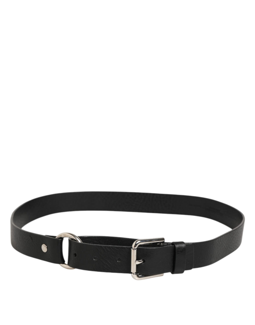 Ceinture en cuir noir classique avec boucle métallique et logo.