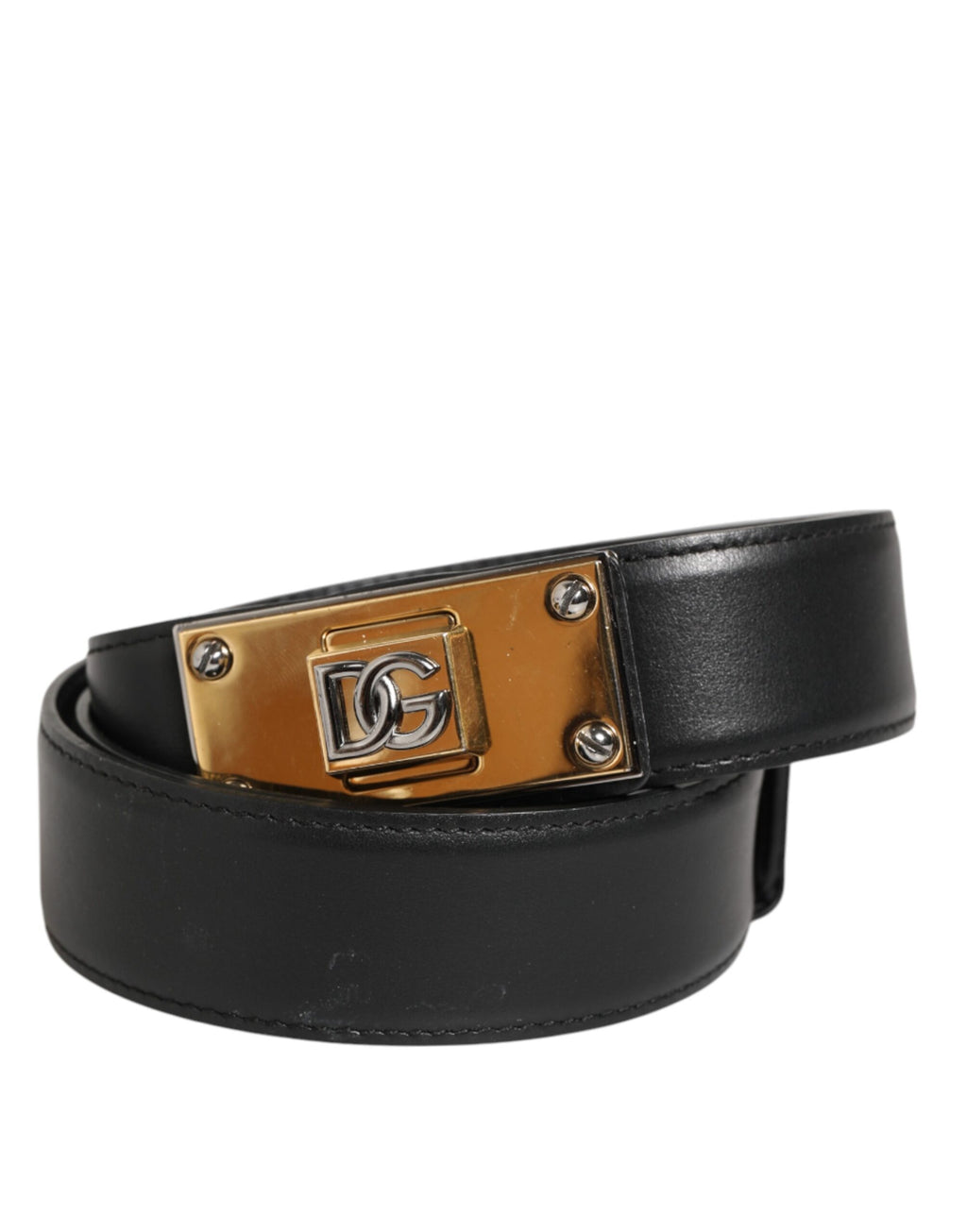 Ceinture en cuir noir classique avec boucle métallique et logo.