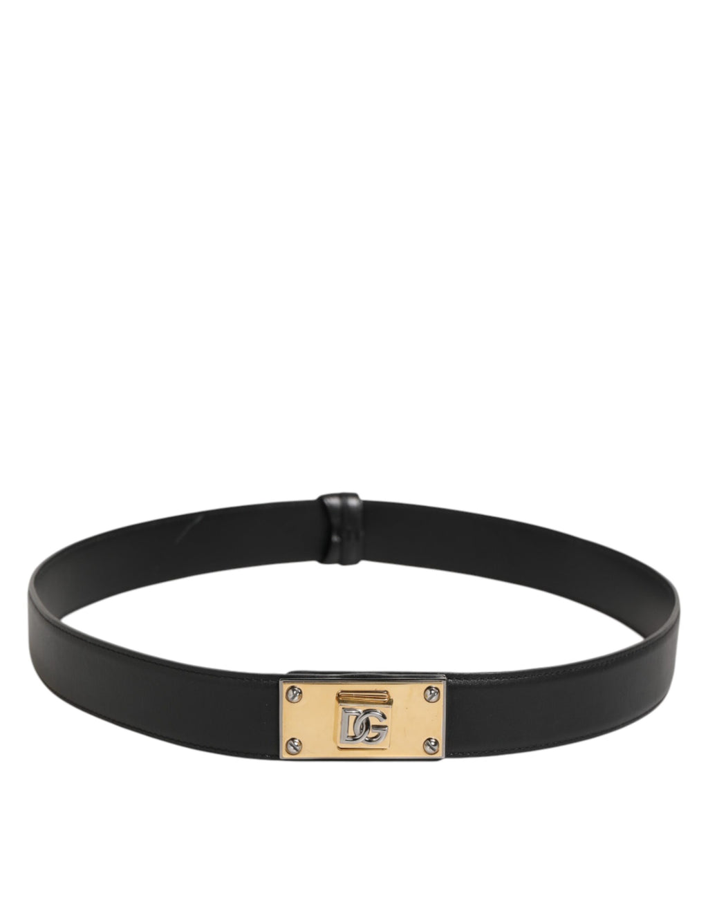 Ceinture en cuir noir classique avec boucle métallique et logo.