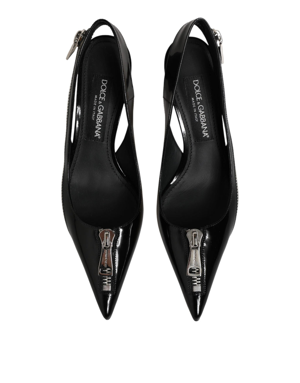 Black Zipper Leather Heels Slingbacks Shoes