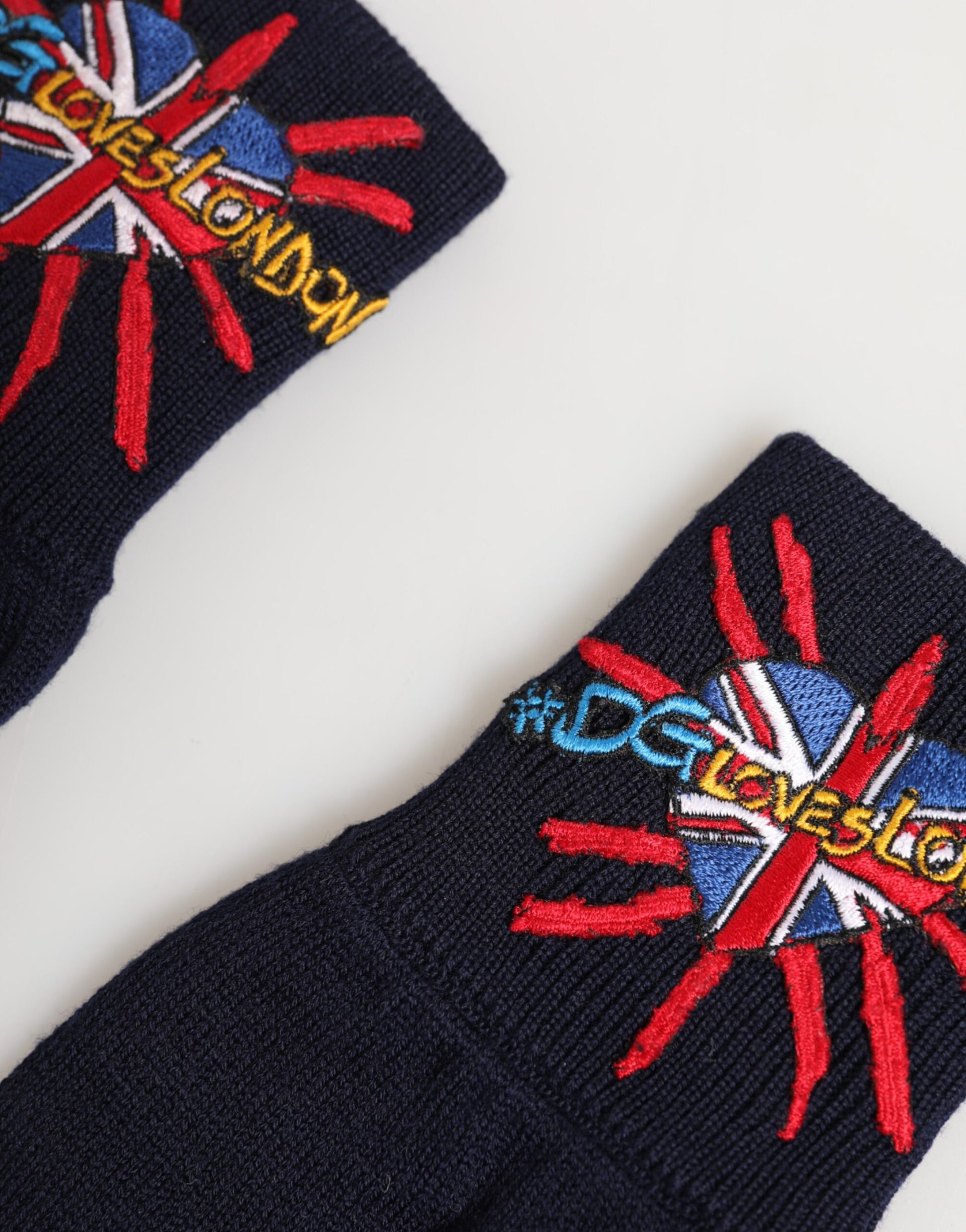 Blue Wool Knit #DGLovesLondon Embroidered Mitten Gloves