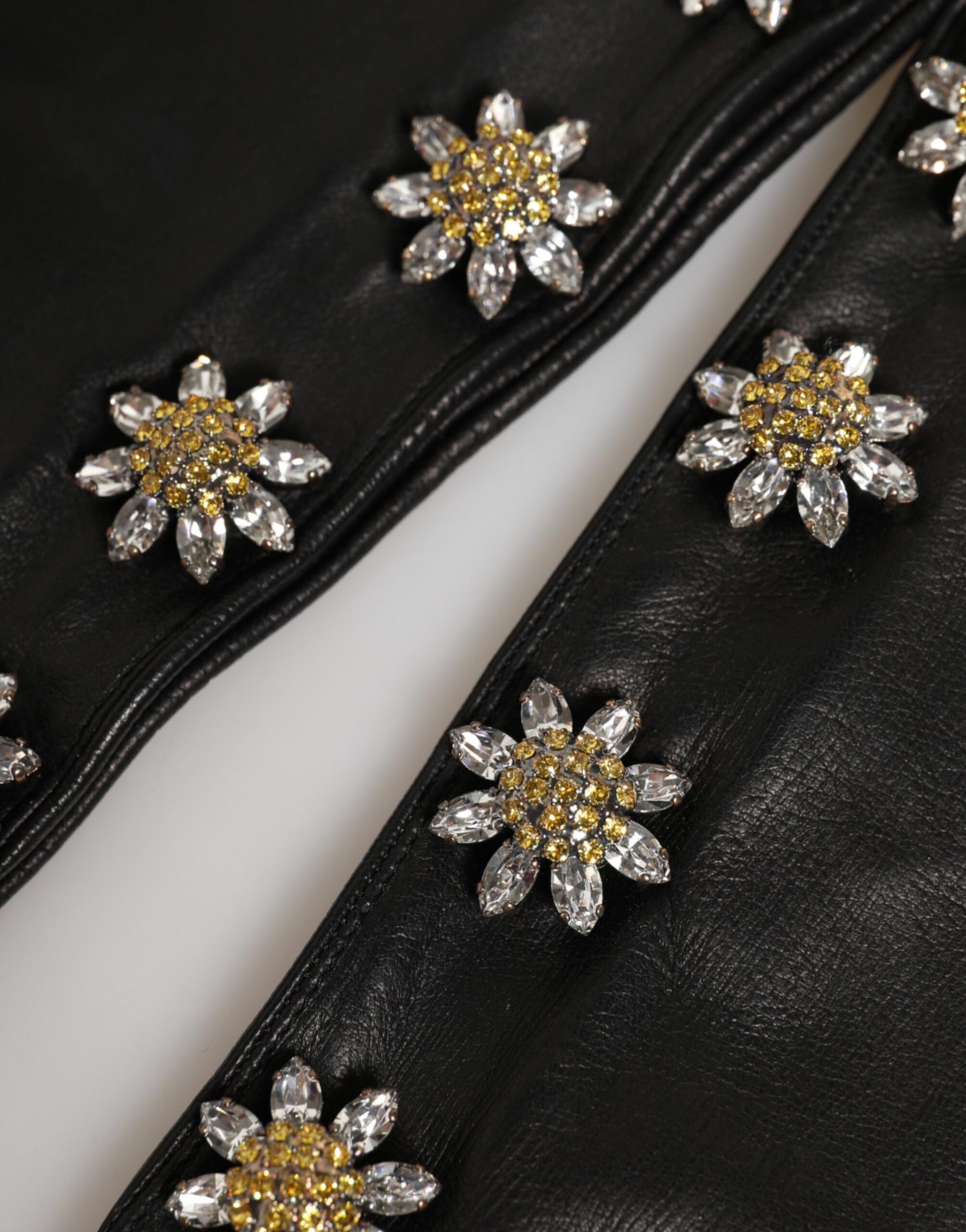Black Leather Embellished Long Mitten Gloves