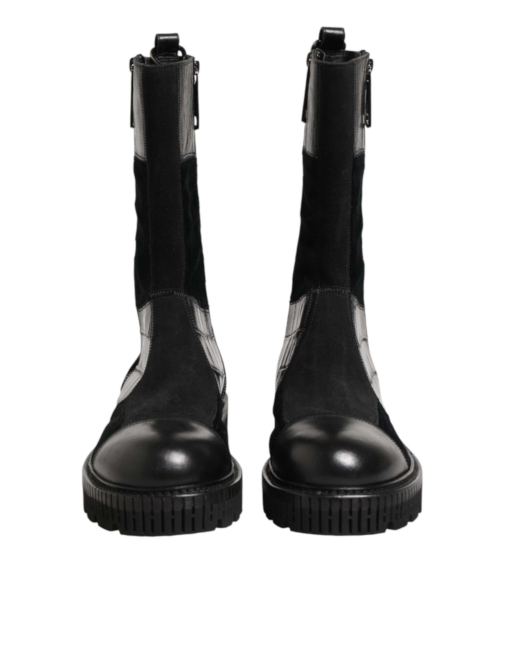 Black Patchwork Leather Mid Calf Boot  Shoes