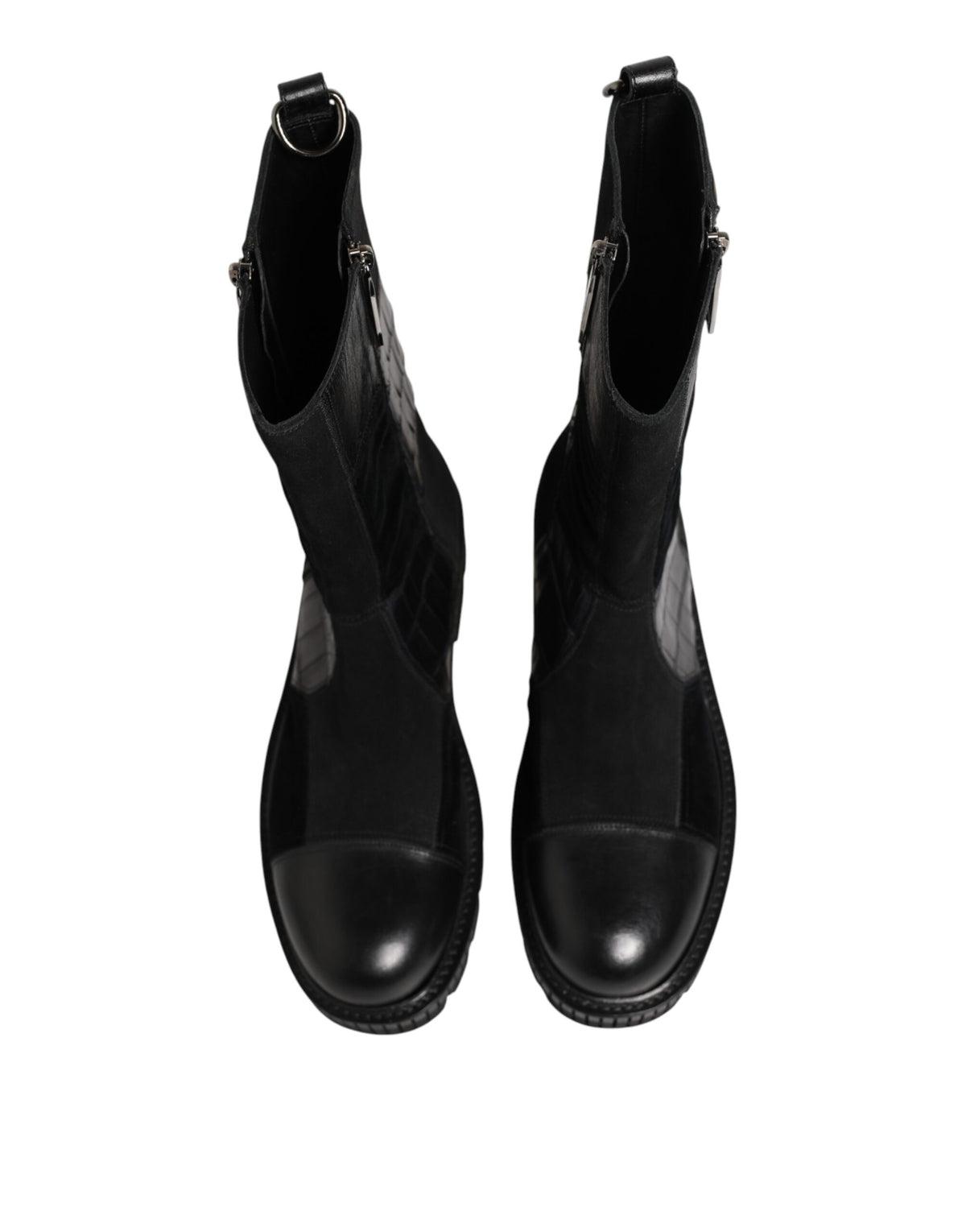 Black Patchwork Leather Mid Calf Boot  Shoes
