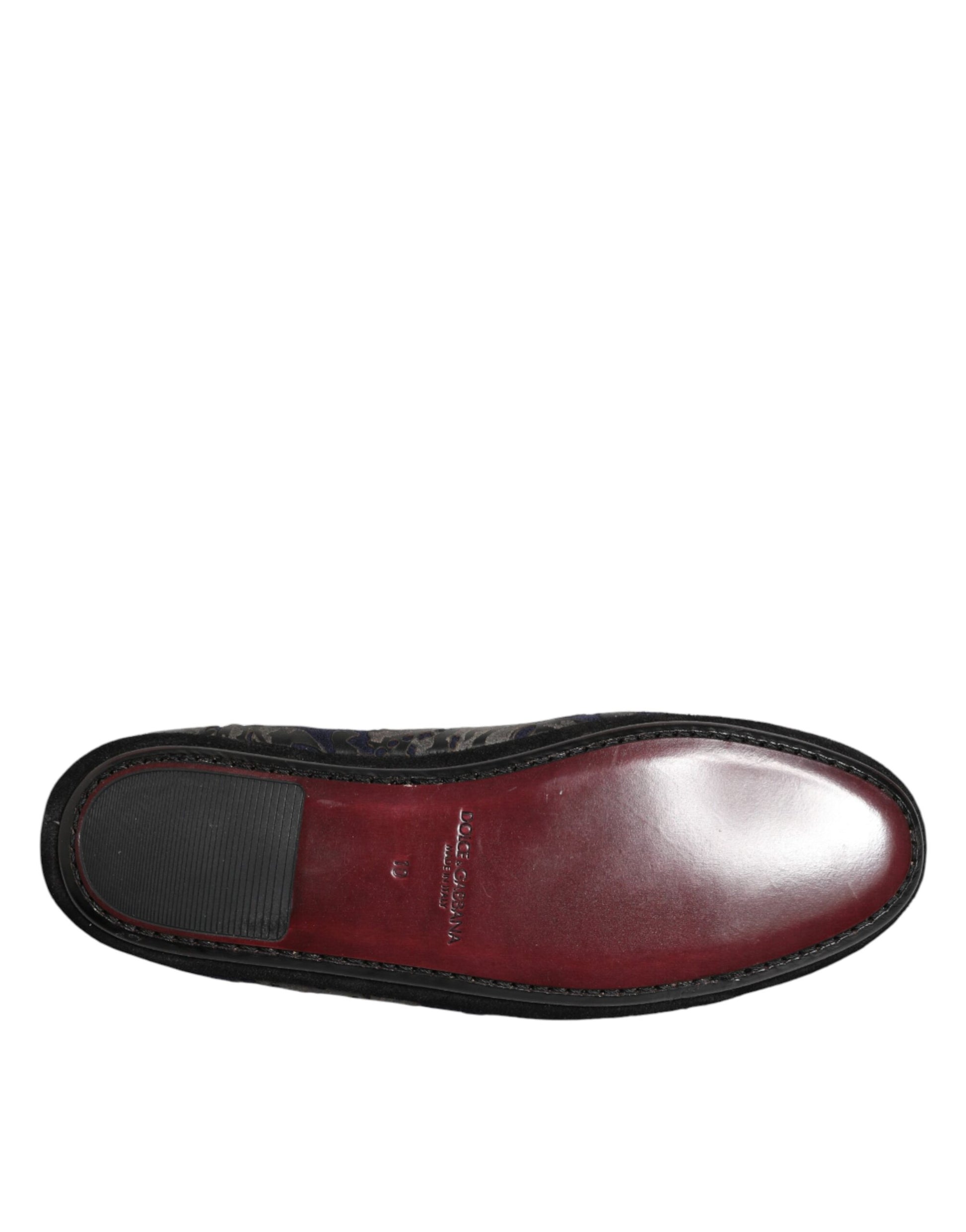 Black Jacquard Leather Slip On Loafers Shoes