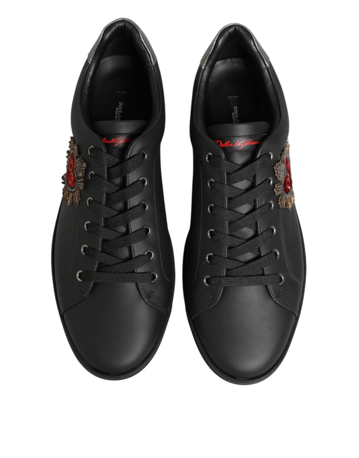 Black Leather Heart Embellished Sneakers Shoes