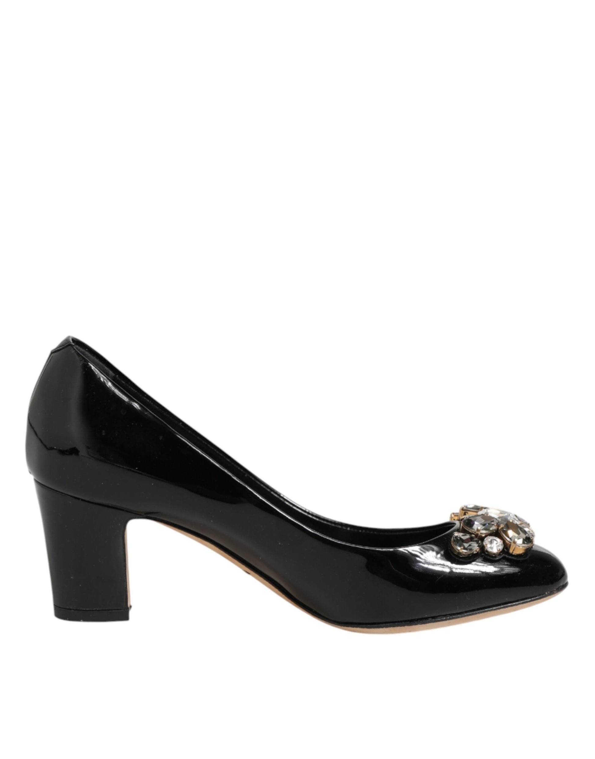 Black Leather Crystals Heels Pumps Shoes
