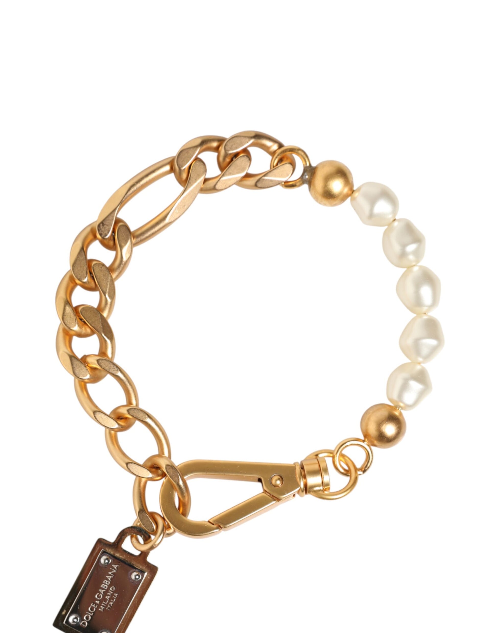 Gold Tone Brass Faux Pearl Logo Embellish Charm Bracelet